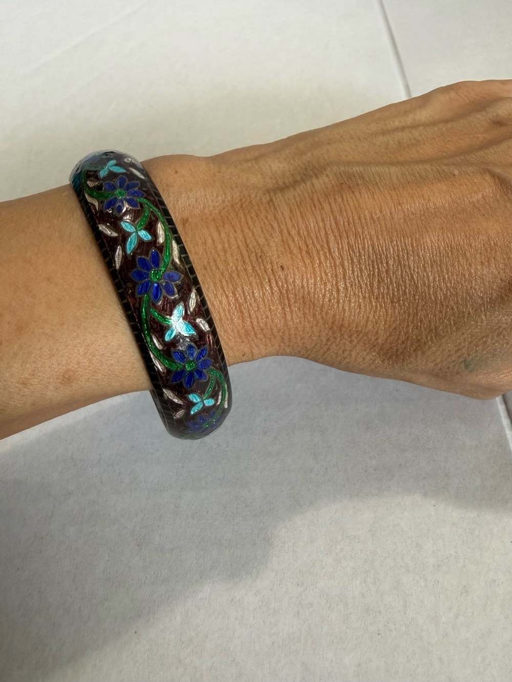 Vintage 925 Floral Cloisonné Bracelet Enamel Blue and Green on Purple Base Black